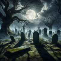 Picture of a cementary bathing in moonlight